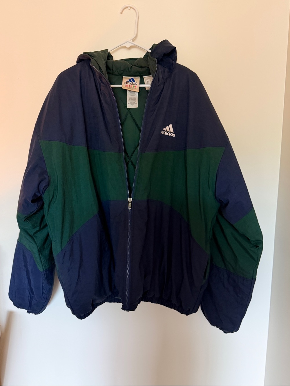 Vintage Adidas XL Navy Green Colorblock Hooded Insulated Puffer Jacket
